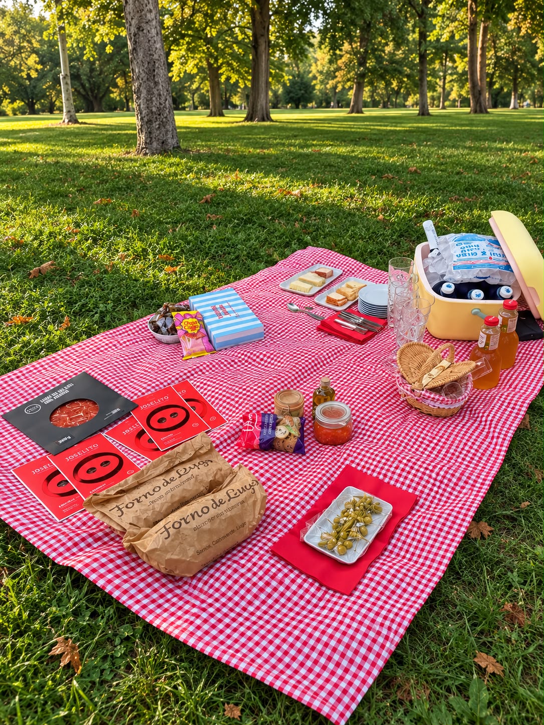 Picnic de lujo en Madrid con mantel de cuadros, embutidos, pan artesano y nevera portátil