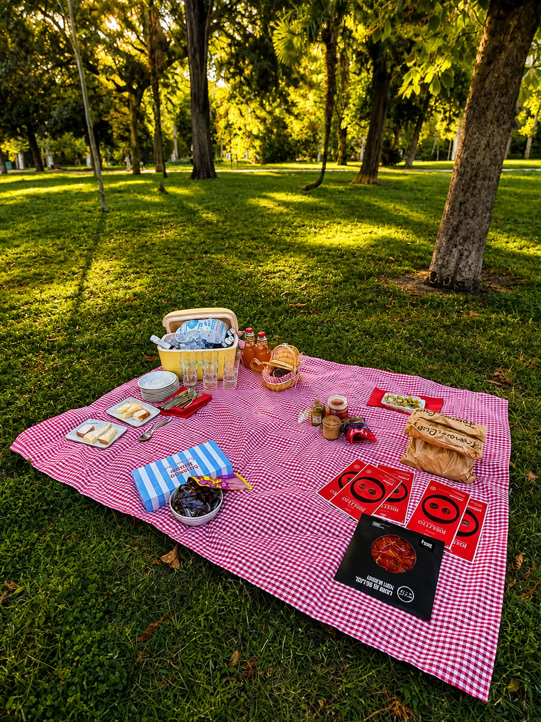 Picnic de lujo en un parque de Madrid con mantel de cuadros y productos gourmet